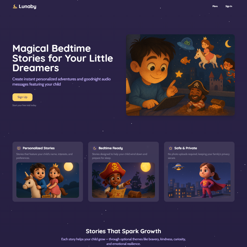 Screenshot of Lunaby.ai landing page